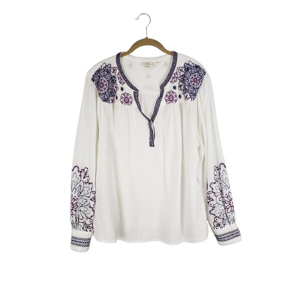 FatFace Embroidered Boho Peasant Top White Purple Floral Long Sleeve Womens 14 - Picture 1 of 10